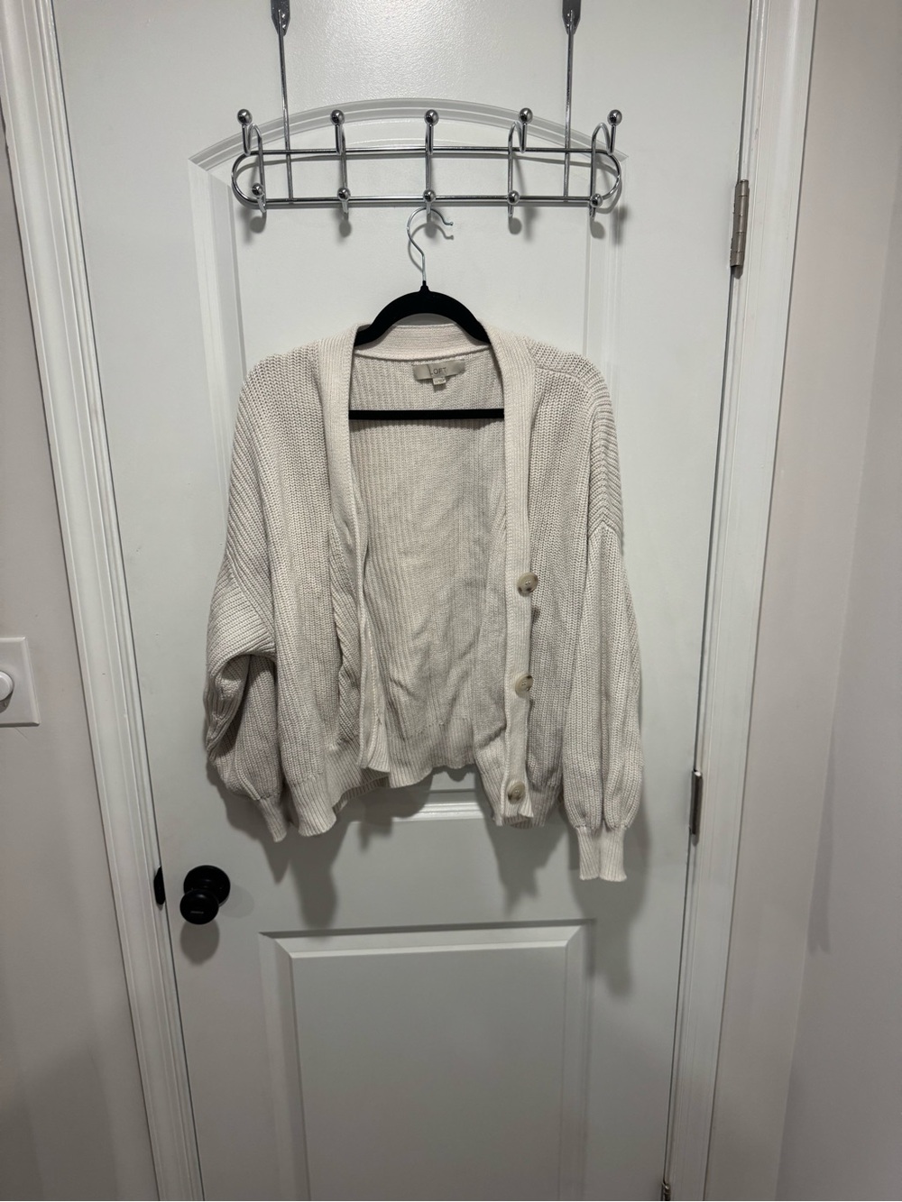 LOFT Cream Open-Front Knit Cardigan with Balloon Sleeves